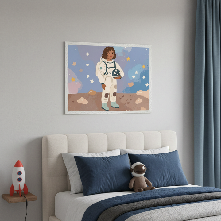 Kid's bedroom with a beige upholstered bed. Centered above the bed, a framed cartoon illustration depicts a young girl astronaut holding a helmet on a planet surface under a starry sky. Navy pillows, a rocket lamp, and an astronaut plush toy are also visible.