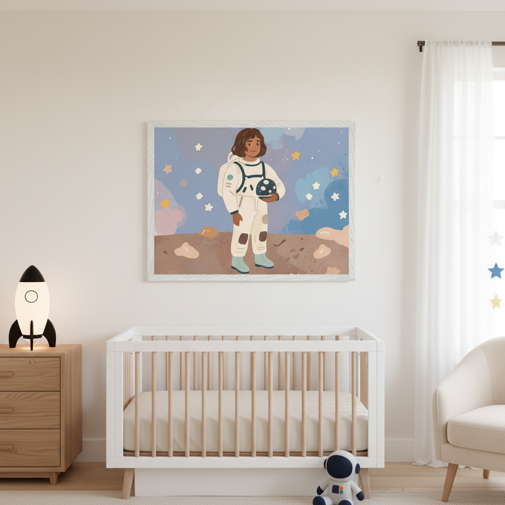 Modern nursery with a white crib and light wood dresser. A large framed print of a cartoon girl in a white astronaut suit, holding a helmet on a starry planet, hangs on the wall above the crib and dresser.