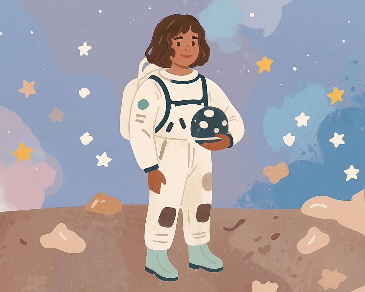 A cartoon astronaut with short brown hair stands on a rocky surface, holding a helmet. The astronaut wears a white spacesuit with black accents and blue boots. The background features a colorful starry sky with clouds and stars scattered throughout.