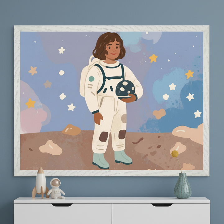 Modern kid's room with a white dresser. A large framed print of a cartoon-style young girl with brown skin in an astronaut suit, holding a helmet on a starry planet, hangs centered above the dresser. A toy rocket, astronaut figurine, and vase are on the dresser.