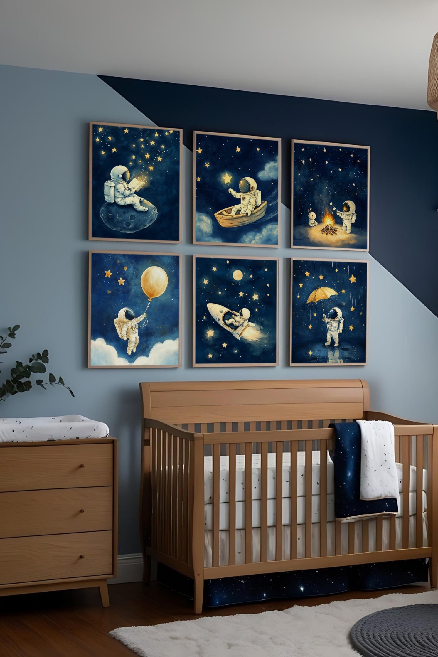 Space Adventure Astronaut Set of 6 Wall Art for Nursery, Playroom or Kids Bedrooms - Star Trail Journey Set | Volume 1