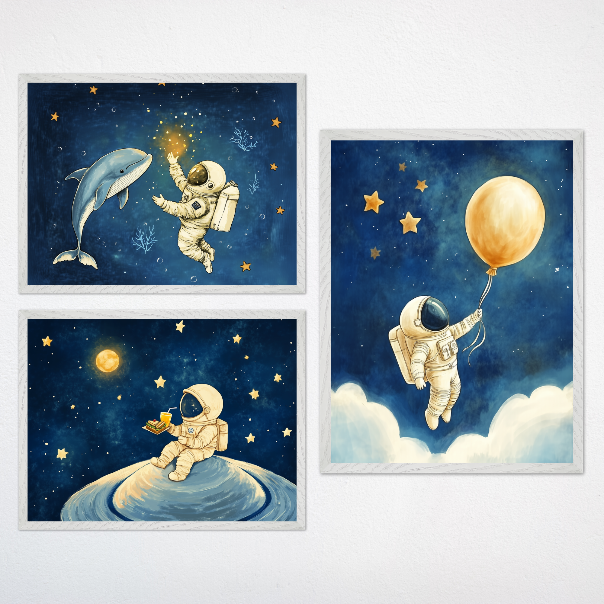Astronaut Adventures Set of 3 Space Wall Art for Nursery, Playroom or Kids Bedrooms - Star Trail Journey Set | Volume 9