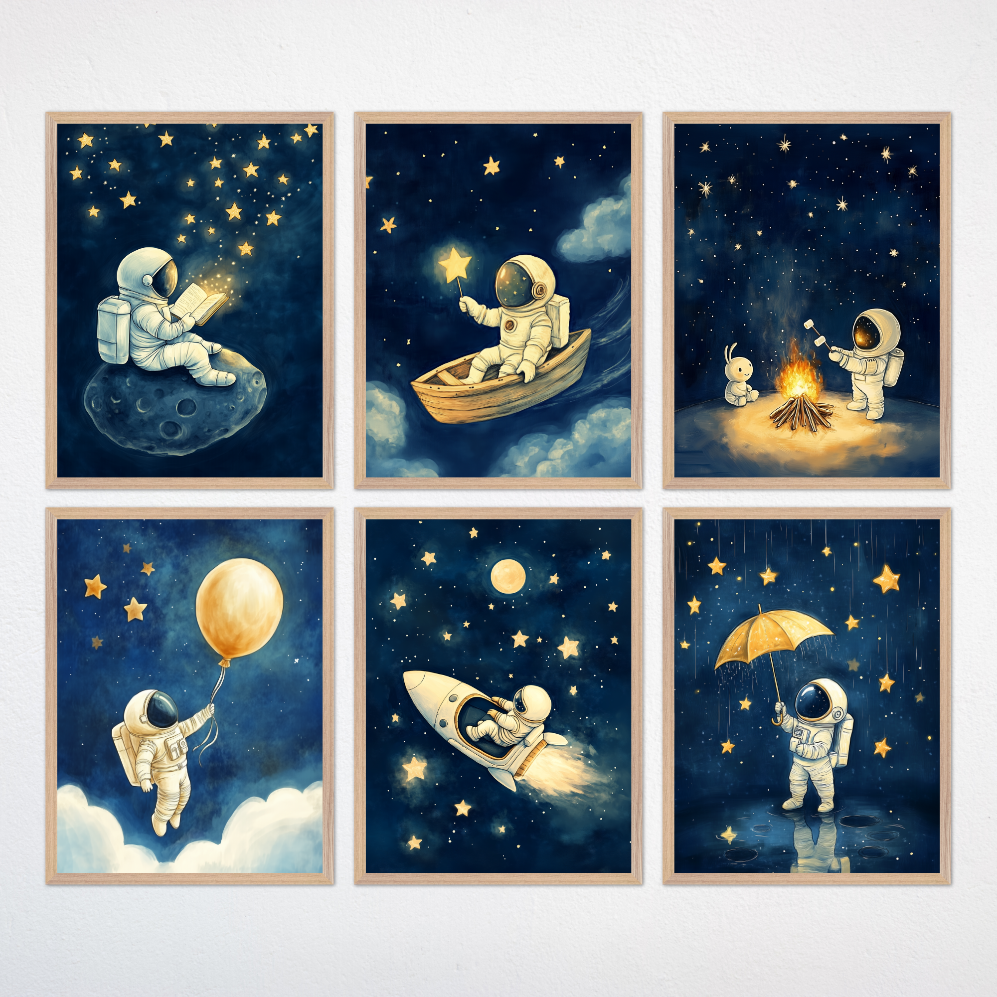 Space Adventure Astronaut Set of 6 Wall Art for Nursery, Playroom or Kids Bedrooms - Star Trail Journey Set | Volume 1
