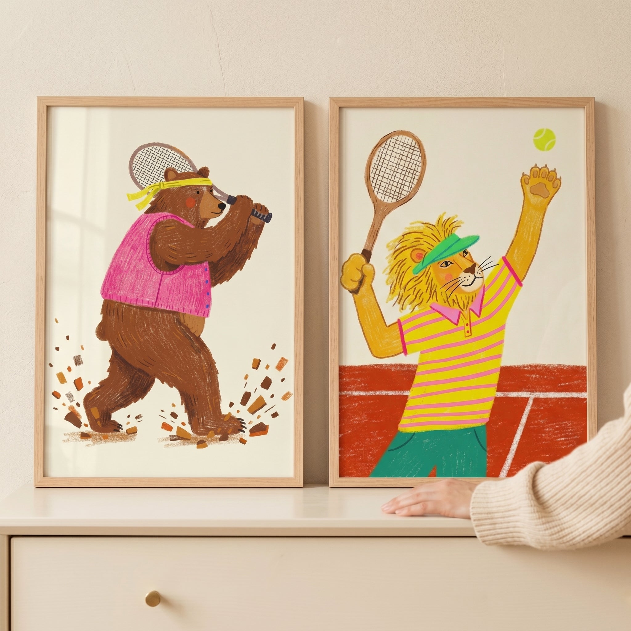 Athletic Tennis Animal Wall Art Set of 2 - Animal Sports Fun