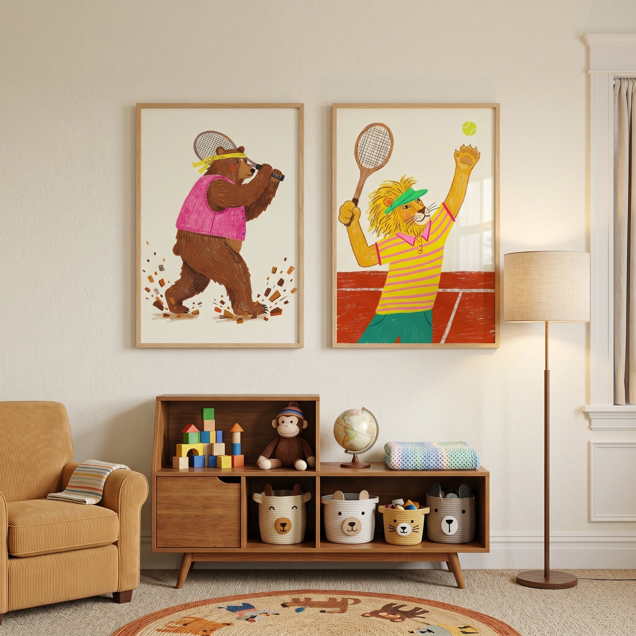 Athletic Tennis Animal Wall Art Set of 2 - Animal Sports Fun