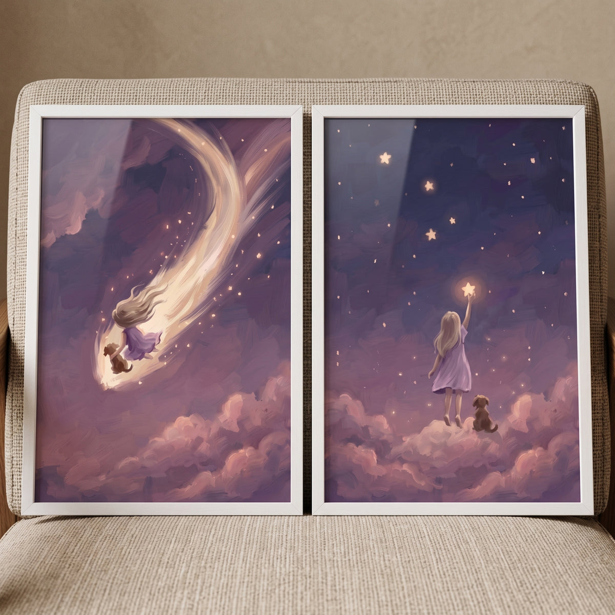 Atmospheric lavender girl dog wall art set of 2 with a girl and dog on a shooting star and among starry purple clouds.
