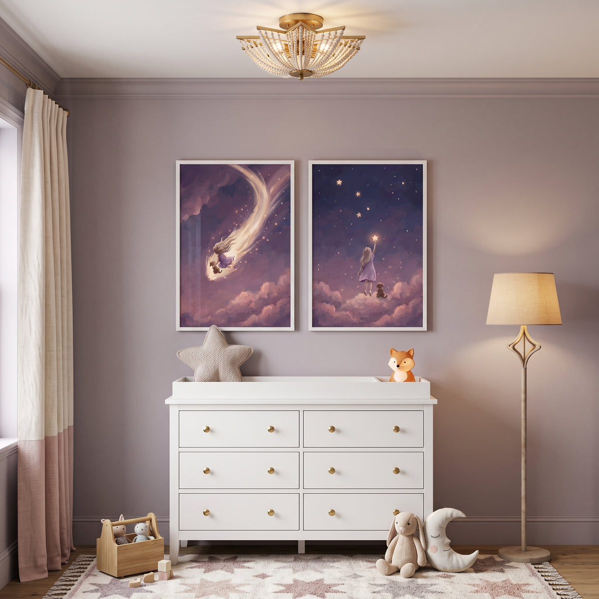 Atmospheric Lavender Girl Dog Wall Art Set of 2 - Starlit Sky Voyage