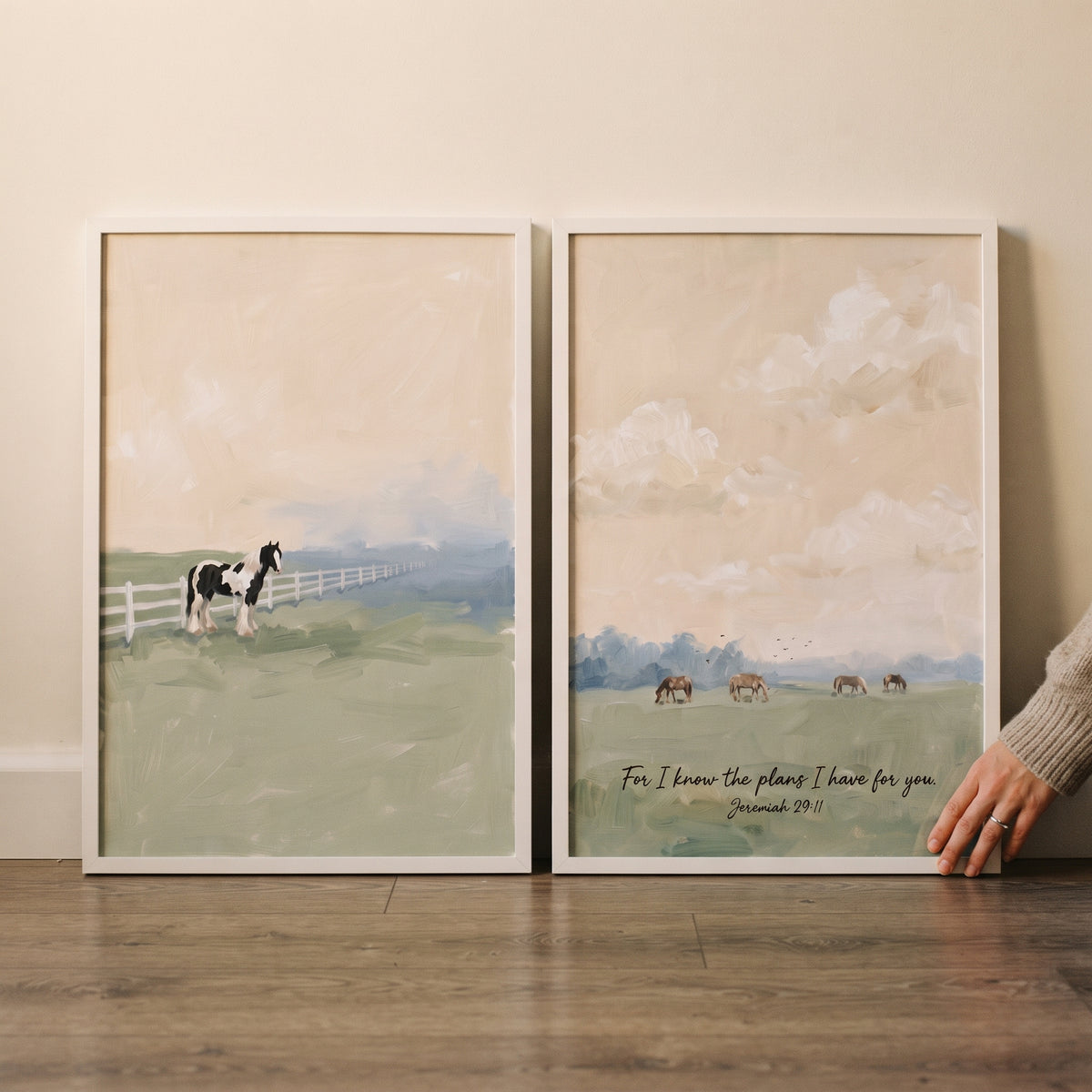 Atmospheric olive meadow horse wall art set of 2 features framed horses in soft green fields with a bible verse.