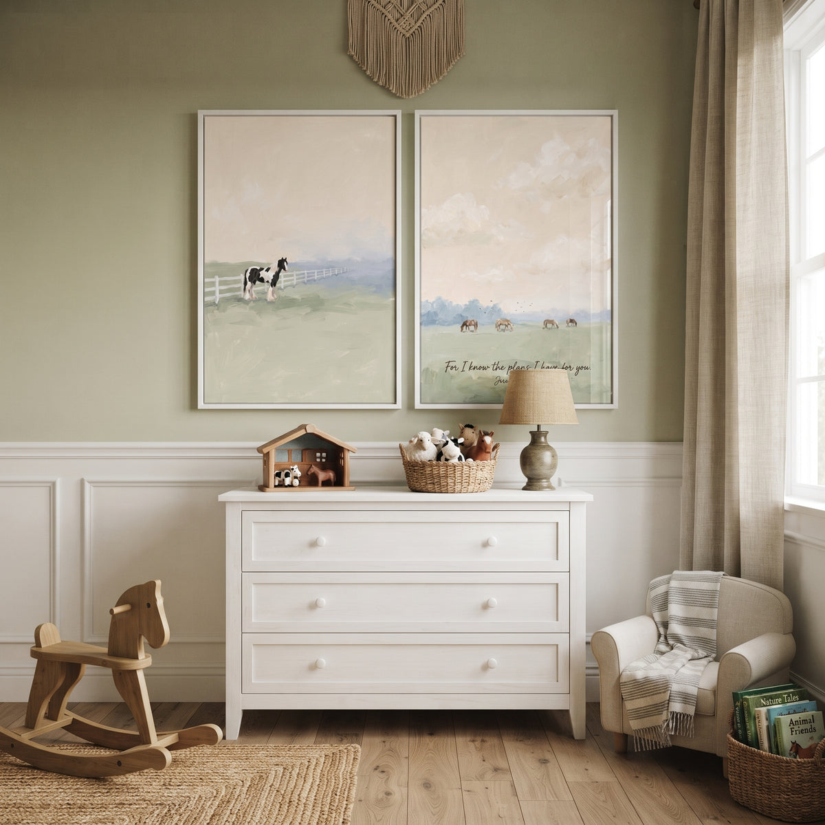 Atmospheric Olive Meadow Horse Wall Art Set Of 2 - Pastoral Promise