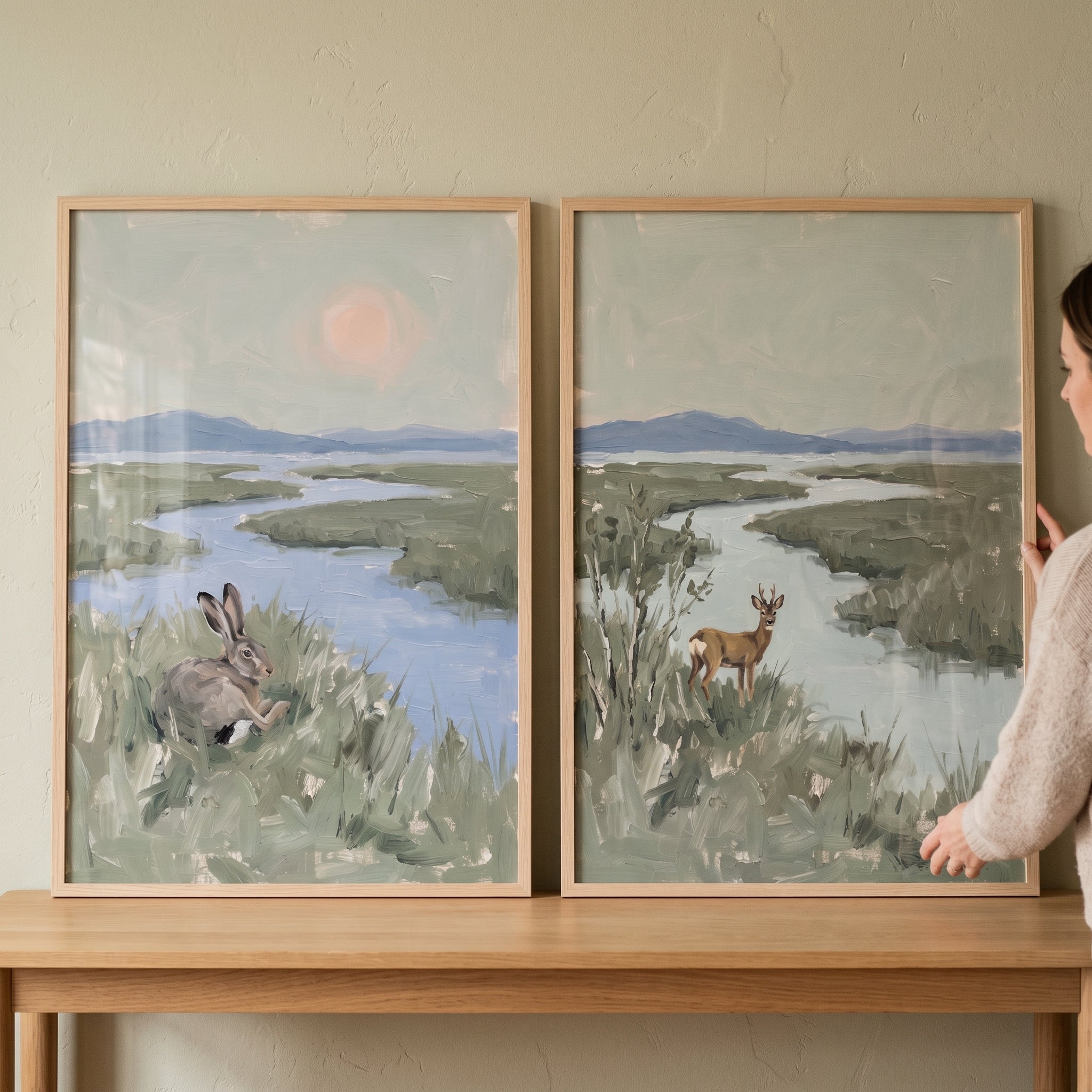 Atmospheric Sage Marsh Wildlife Animals Wall Art Set of 2 - Marshland Spirits