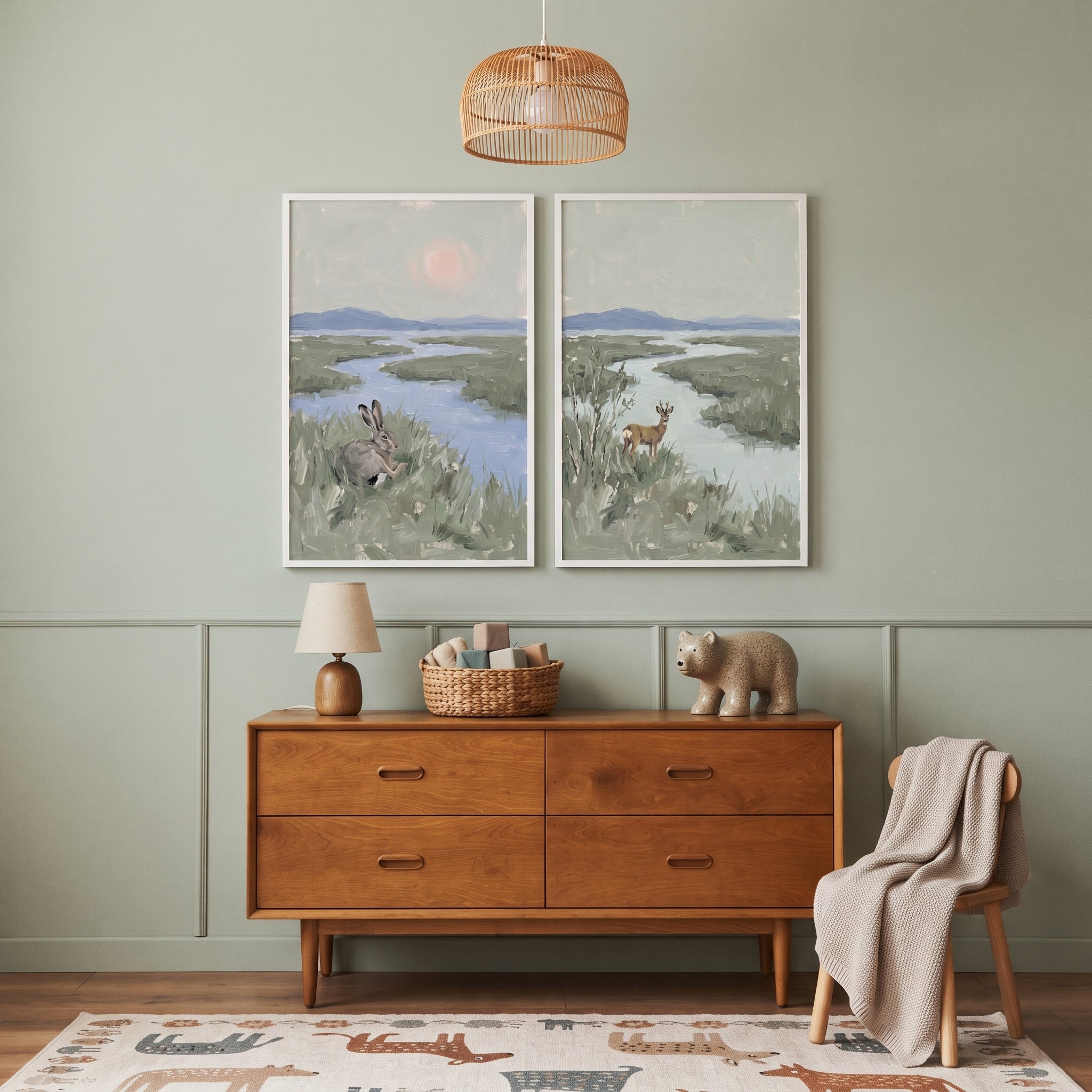 Atmospheric Sage Marsh Wildlife Animals Wall Art Set of 2 - Marshland Spirits