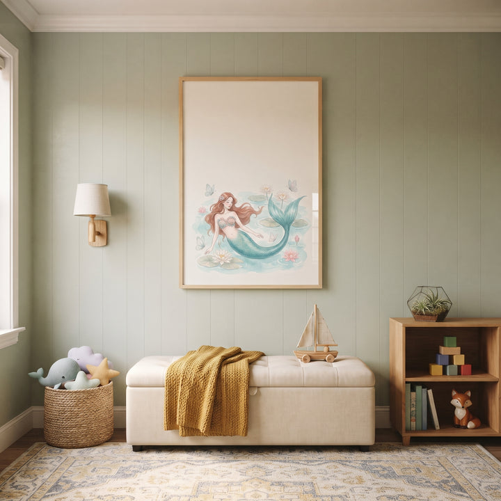 Auburn hair aquatic mermaid wall art hangs above a storage bench in a sage green nursery with a toy basket and rug.