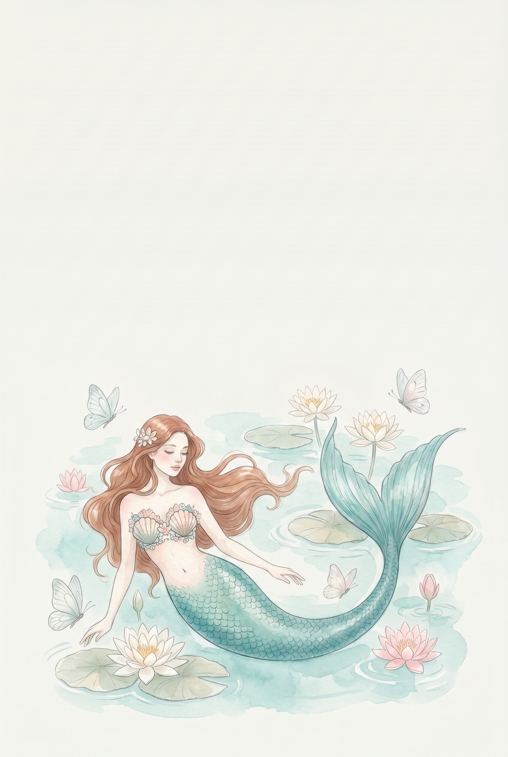Auburn Hair Aquatic Mermaid Wall Art - Serene Mermaid Bloom