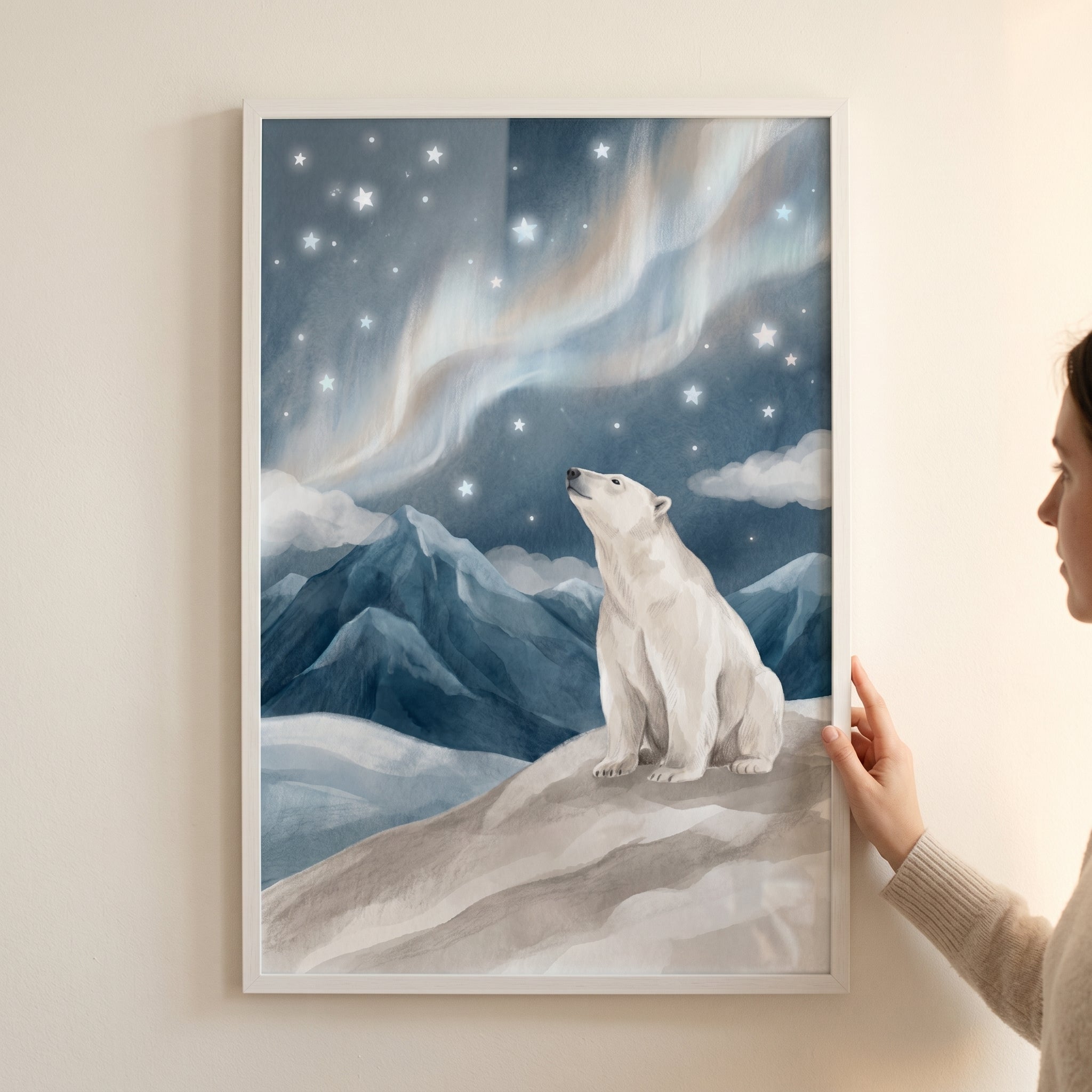 Aurora Sky Polar Bear Wall Art - Arctic Starlight Glow