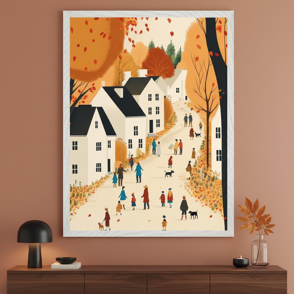Modern living room with a dark wooden console table. A large framed print of an autumn village scene with white houses, colorful trees, and many stylized people and dogs walking on a winding path hangs centered above the table. The artwork is in a flat illustration style.