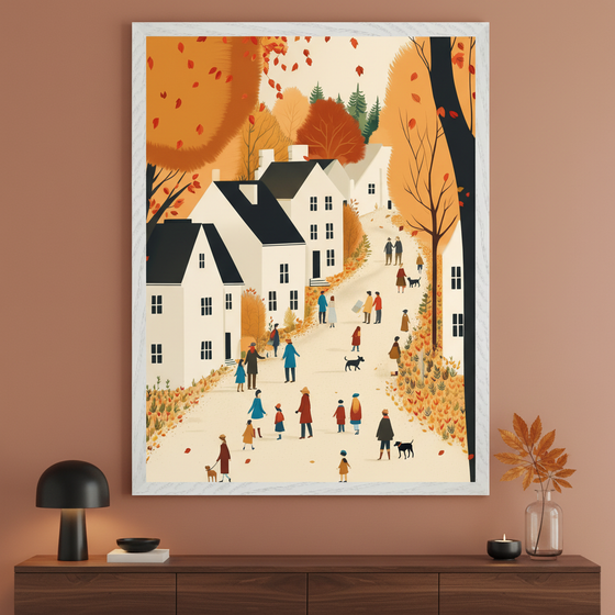 Modern living room with a dark wooden console table. A large framed print of an autumn village scene with white houses, colorful trees, and many stylized people and dogs walking on a winding path hangs centered above the table. The artwork is in a flat illustration style.