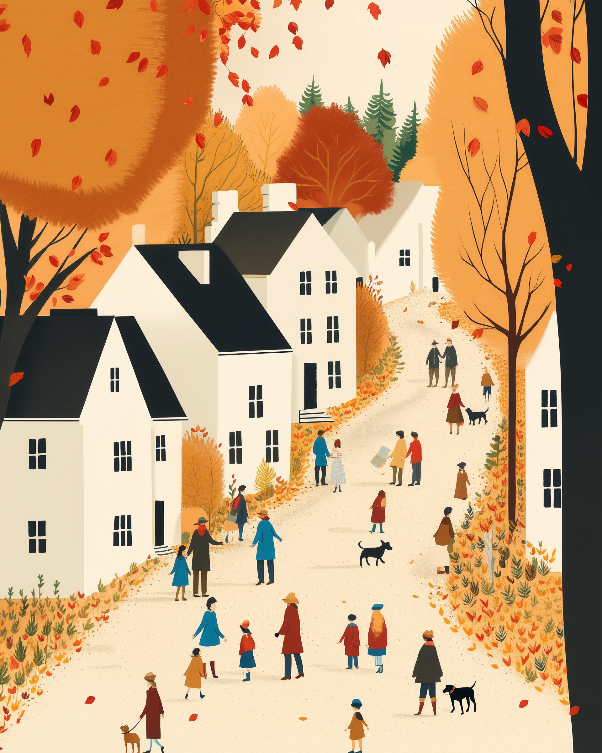 Cozy fall illustration of a village lined with white houses and trees in orange and red foliage. Families and children stroll along a leaf-strewn path while dogs play nearby.