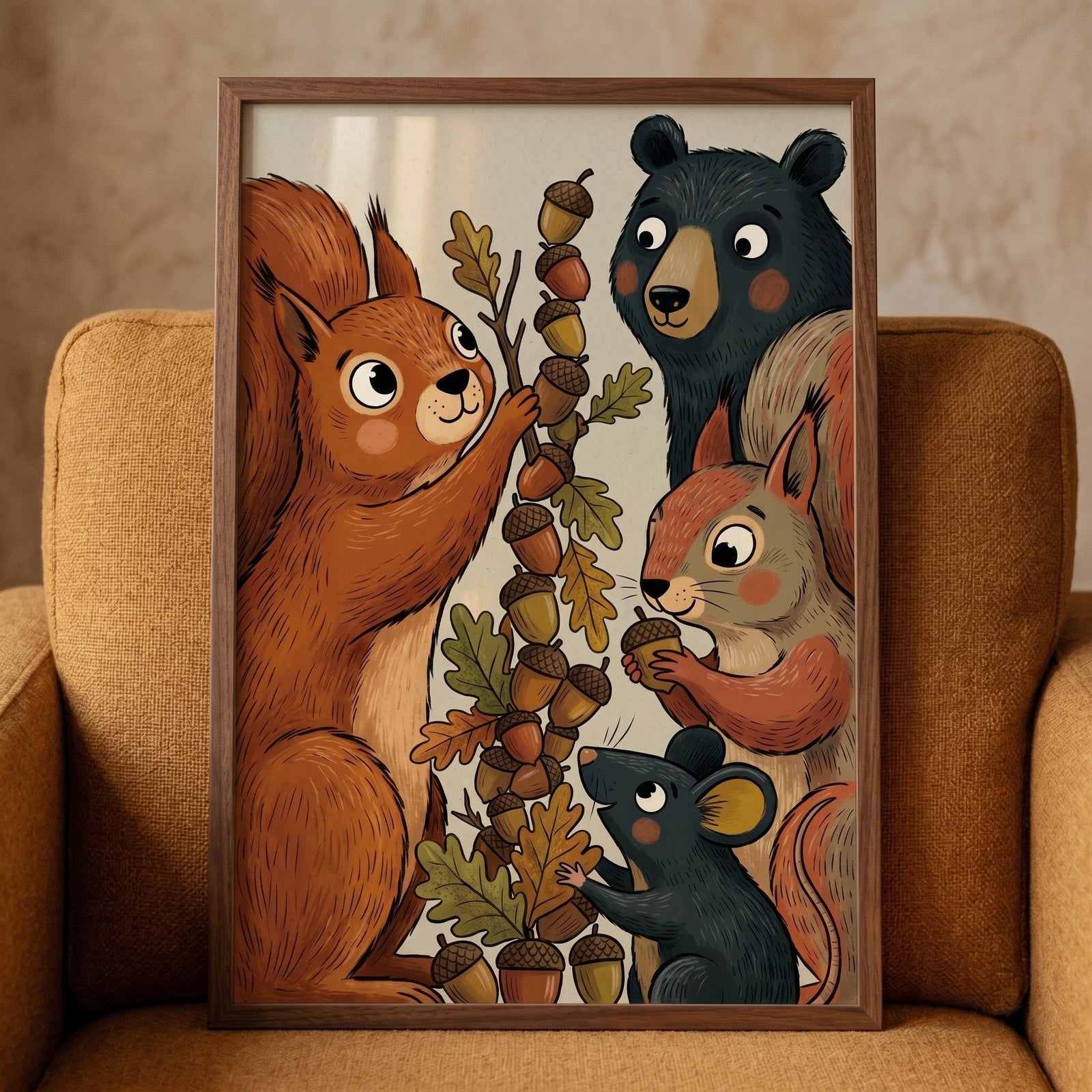 Framed autumn acorns red squirrel animals wall art shows a bear, mouse, and squirrels gathering nuts from a branch.