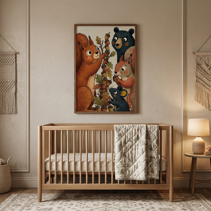 Autumn acorns red squirrel animals wall art featuring forest creatures hangs above a light wood crib in a neutral nursery.