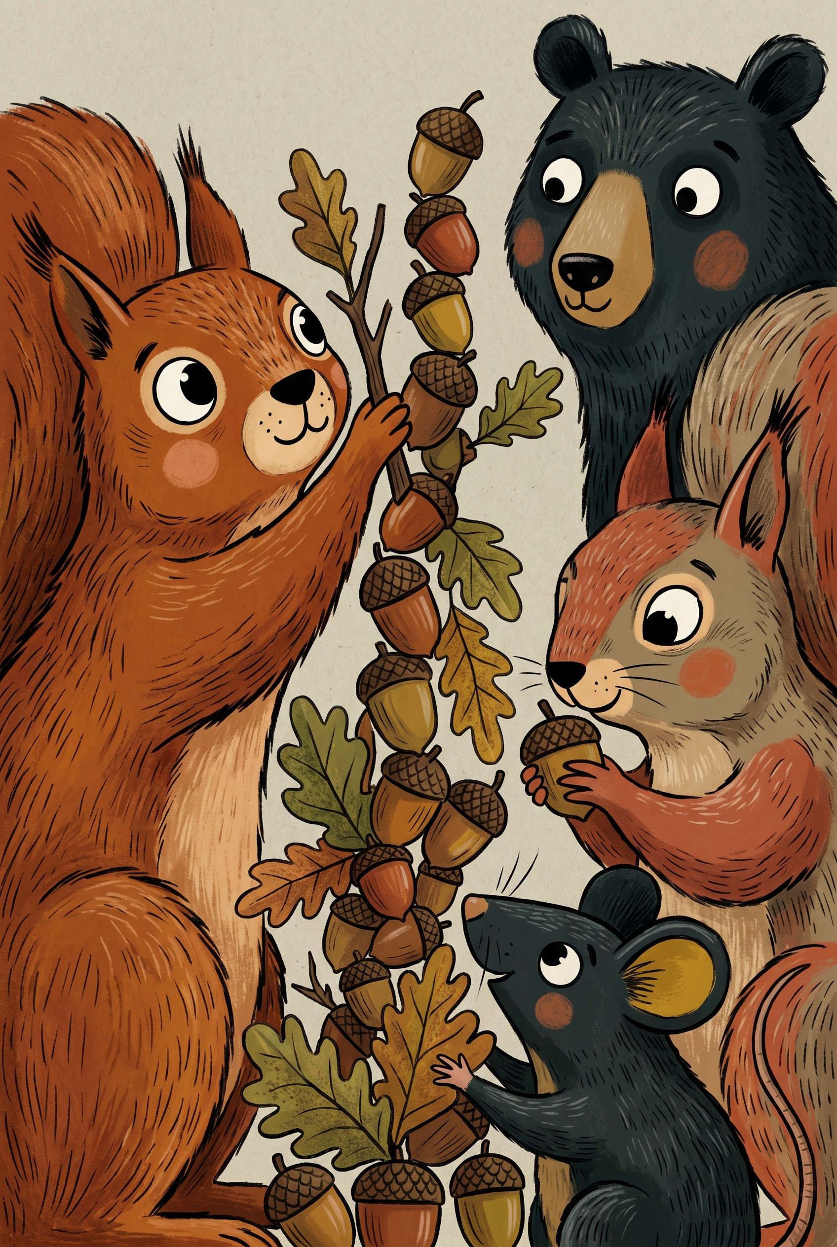 Autumn Acorns Red Squirrel Animals Wall Art - Forest Nut Harvest
