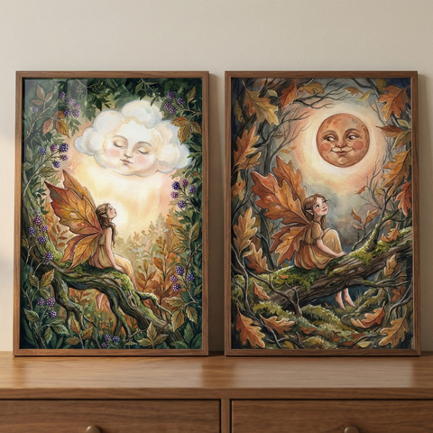 Two framed whimsical illustrations sit on a wooden surface. The left image shows a fairy with orange wings on a mossy branch, looking at a cloud with a serene face, surrounded by green leaves and berries. The right image depicts a fairy with leaf-shaped wings gazing at a large, smiling moon with a face, set against a background of brown and orange autumn leaves. Both works feature a soft, storybook aesthetic with glowing light and delicate details.