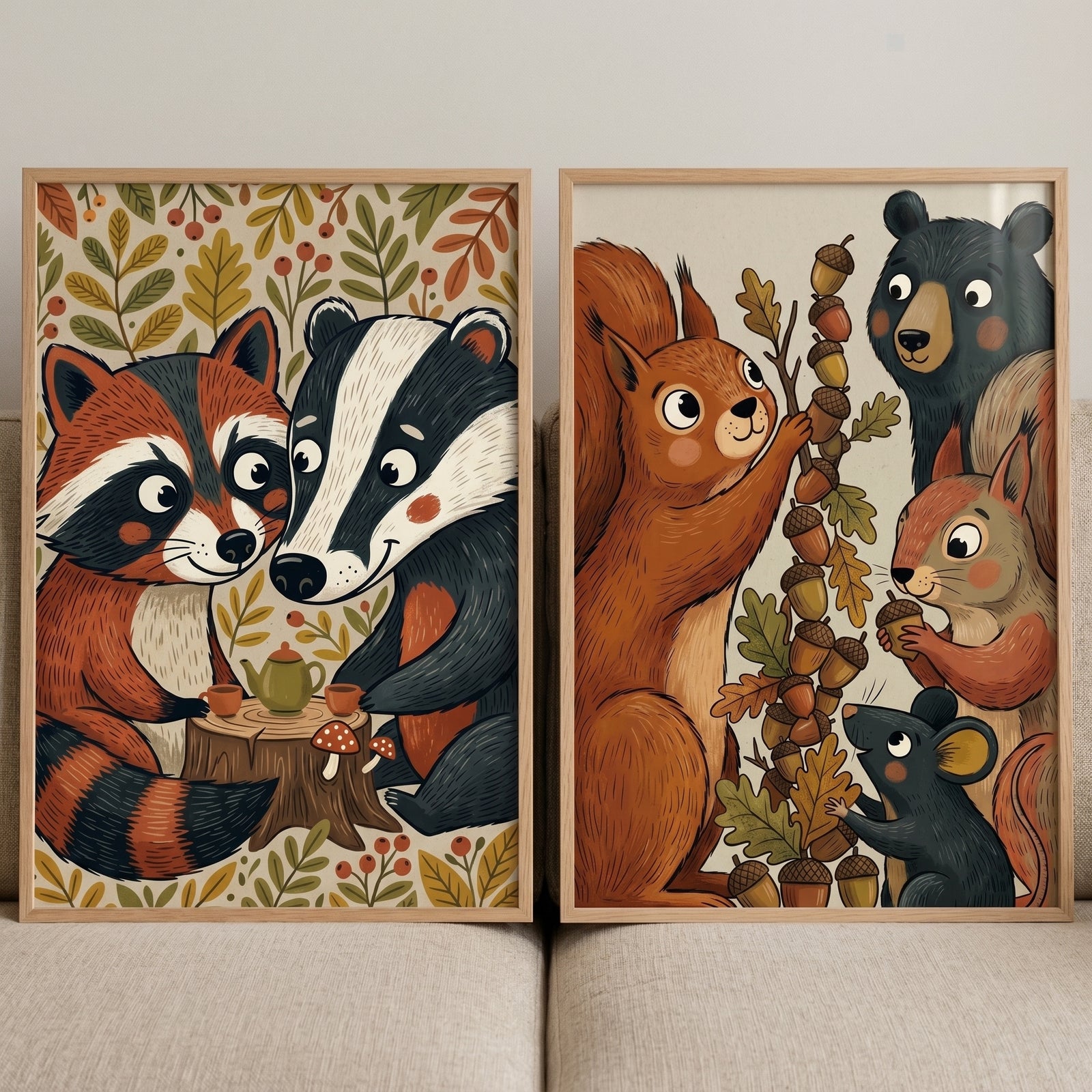 Autumn forest woodland animals wall art set of 2 featuring a raccoon, badger, bear, squirrels, and mouse with tea and acorns.