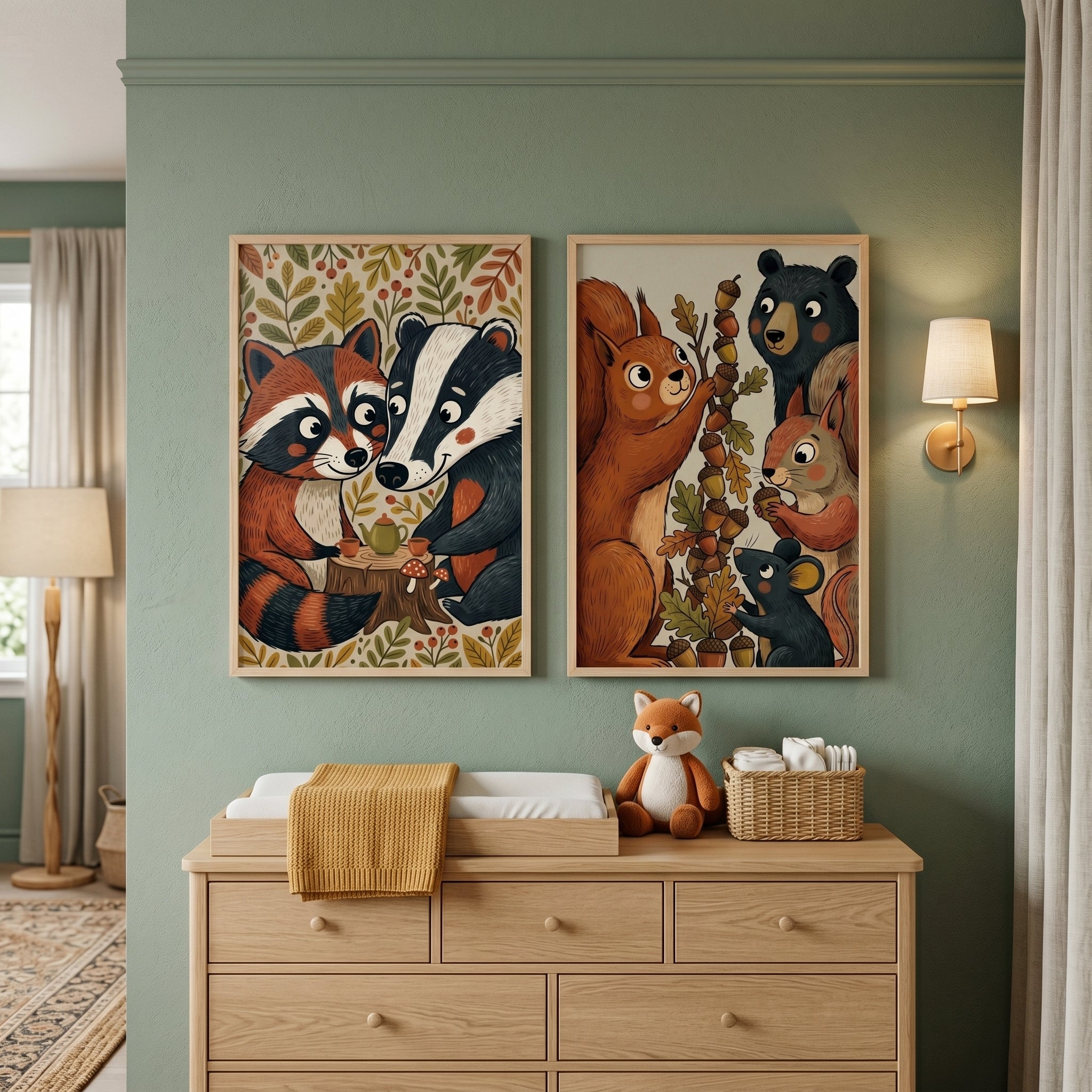Autumn Forest Woodland Animals Wall Art Set of 2 - Wildwood Tea Time