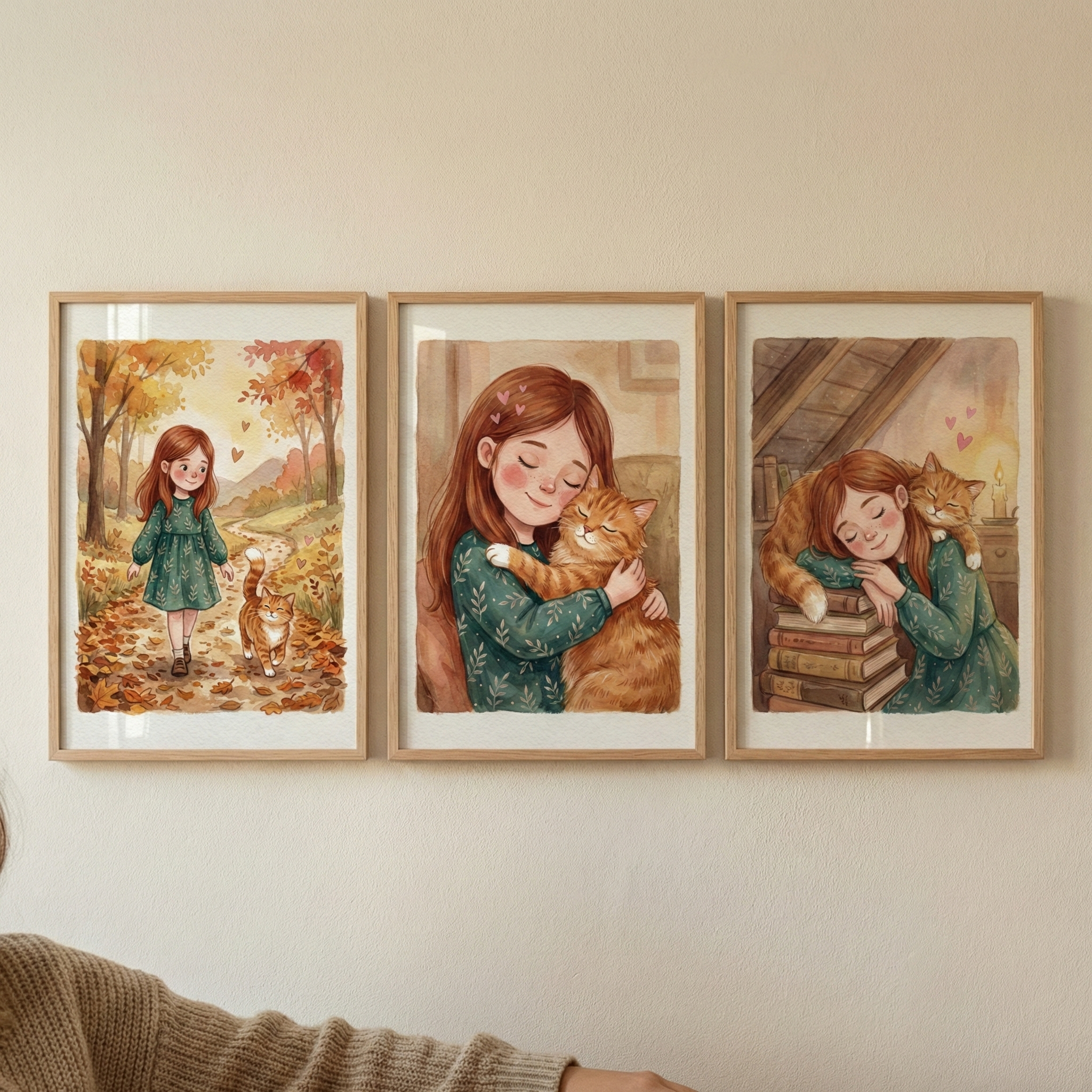 Cat Wall Art For Girls Room Set of 3 - Autumn Cat Friends