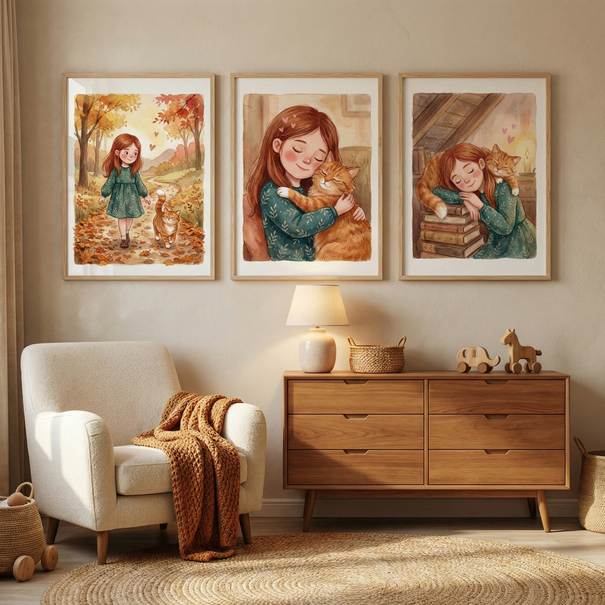 Cat Wall Art For Girls Room Set of 3 - Autumn Cat Friends