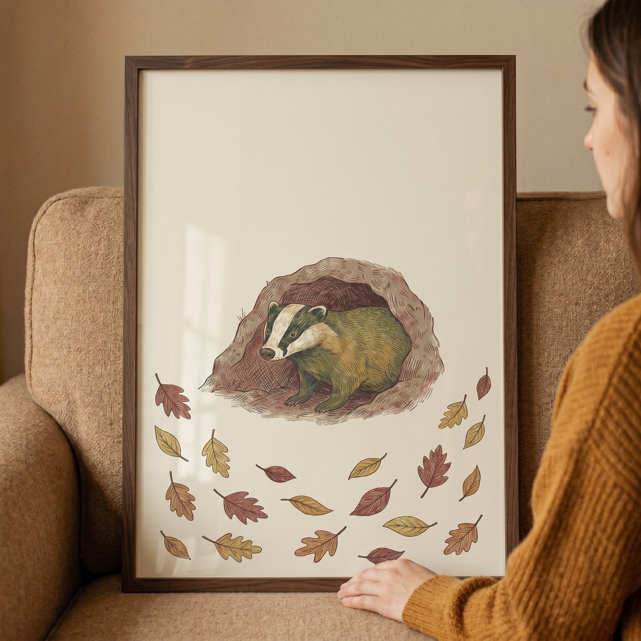 Autumn Leaves Woodland Badger Wall Art - Cozy Badger Burrow