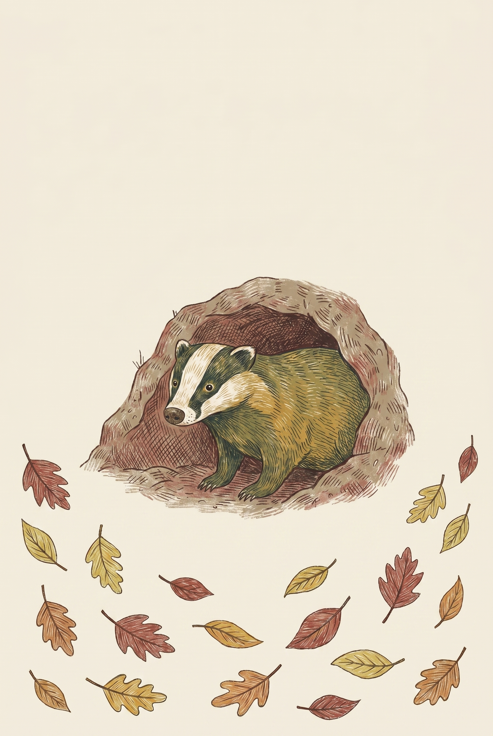 Autumn Leaves Woodland Badger Wall Art - Cozy Badger Burrow