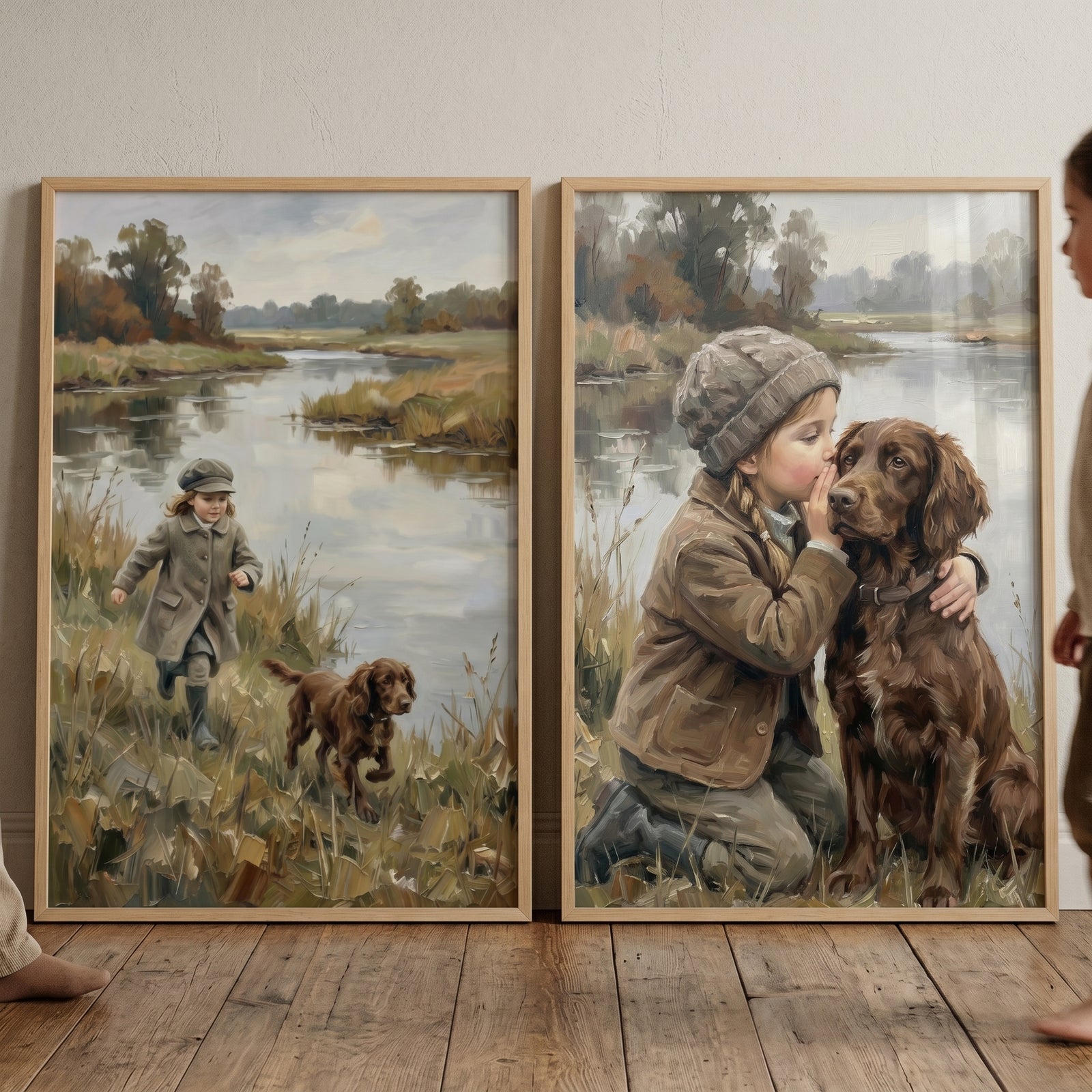 Autumn river girl dog wall art set of 2 shows a child running and whispering with a brown dog by a peaceful river.