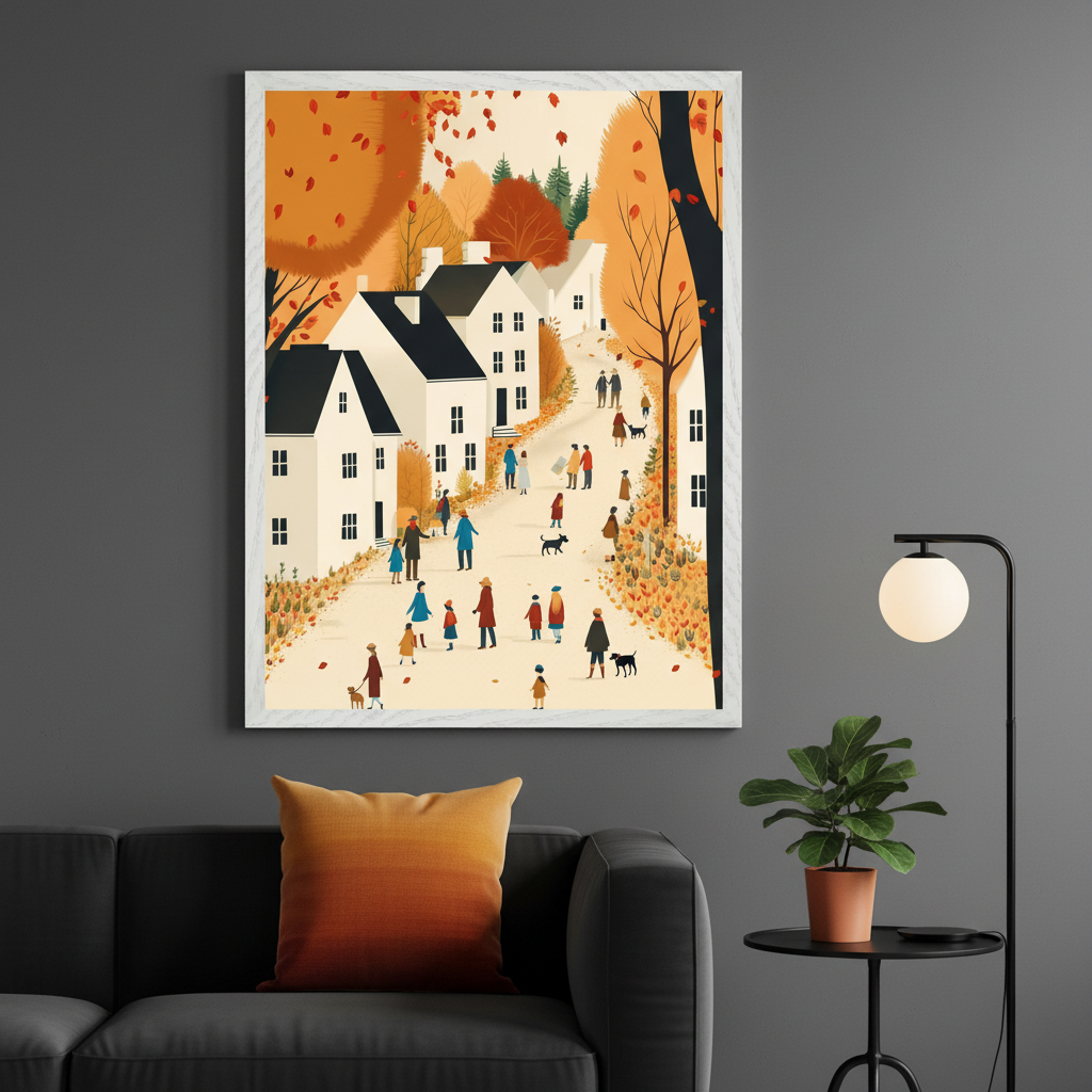Modern living room with a dark gray sofa. A large framed illustration hangs above, showing an autumn town street with white houses, orange trees, falling leaves, and small figures of people and dogs. A black side table with a plant and floor lamp are to the right.