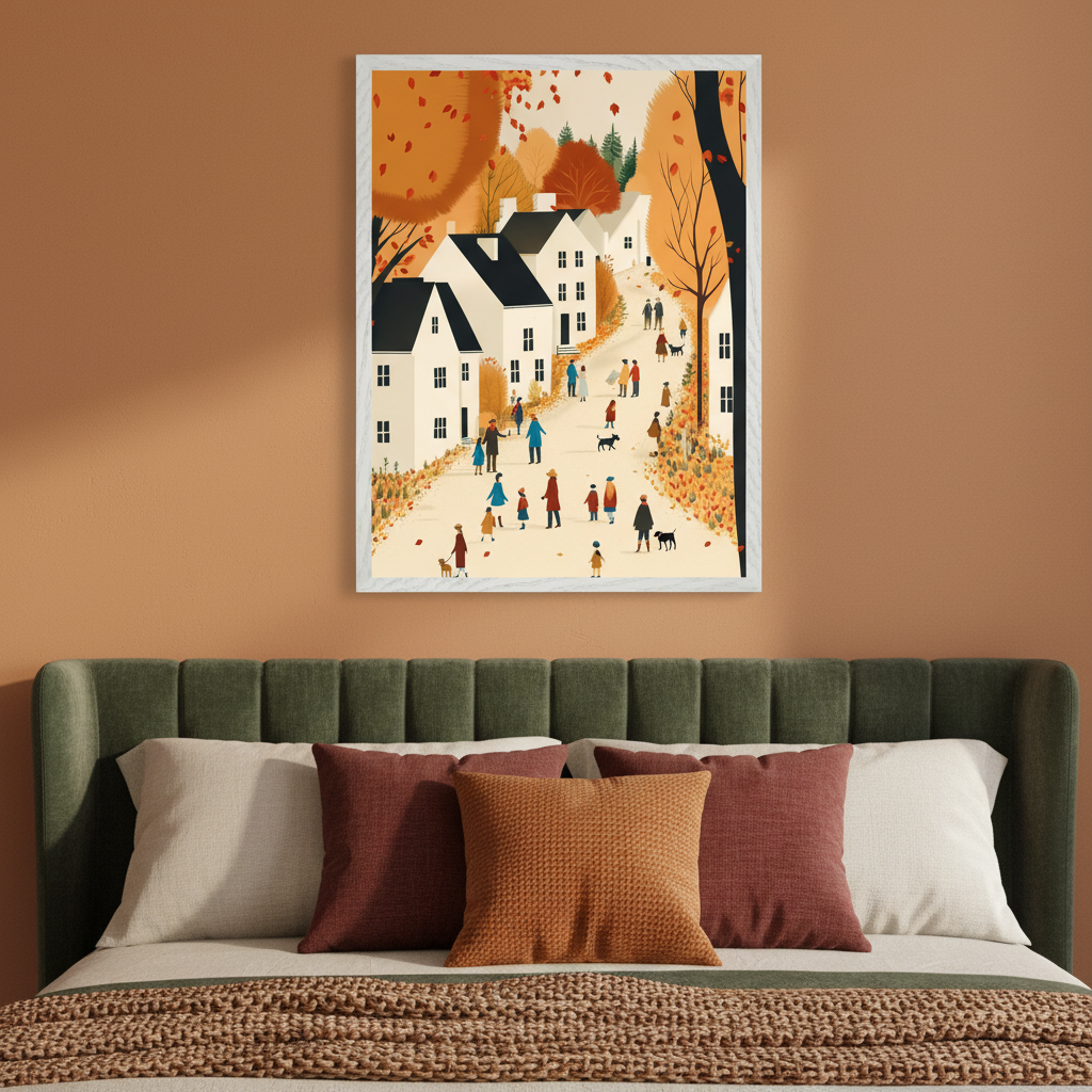 Modern bedroom with a green upholstered bed. A large framed illustration hangs above the bed, depicting an autumn village scene with white houses, orange-leafed trees, and many people and dogs walking on a path.