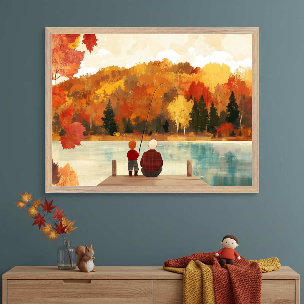 Modern living room with a dark teal wall and a light wood dresser. Above it hangs a framed painting of a grandfather and child fishing from a dock, against a backdrop of vibrant autumn trees and a lake. On the dresser are fall leaves, a squirrel figurine, and a doll on a knitted throw.