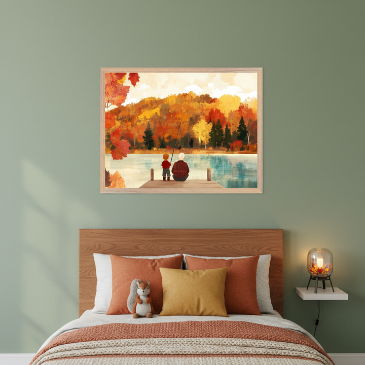 Cozy bedroom with a wooden headboard bed. A framed painting hangs above the bed, depicting an adult and child fishing on a dock in a lake, surrounded by vibrant autumn trees. The art is in a painterly style.