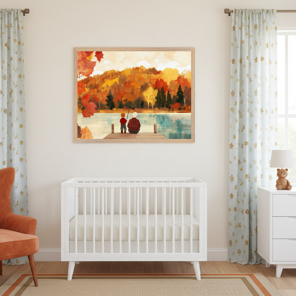 Modern nursery with an orange armchair, a white crib, and a white dresser. A framed painting of an adult and child fishing on a dock in an autumn landscape hangs above the crib.