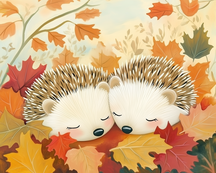 Two adorable hedgehogs with closed eyes snuggle among vibrant autumn leaves in shades of red, orange, and yellow, creating a cozy and serene scene.