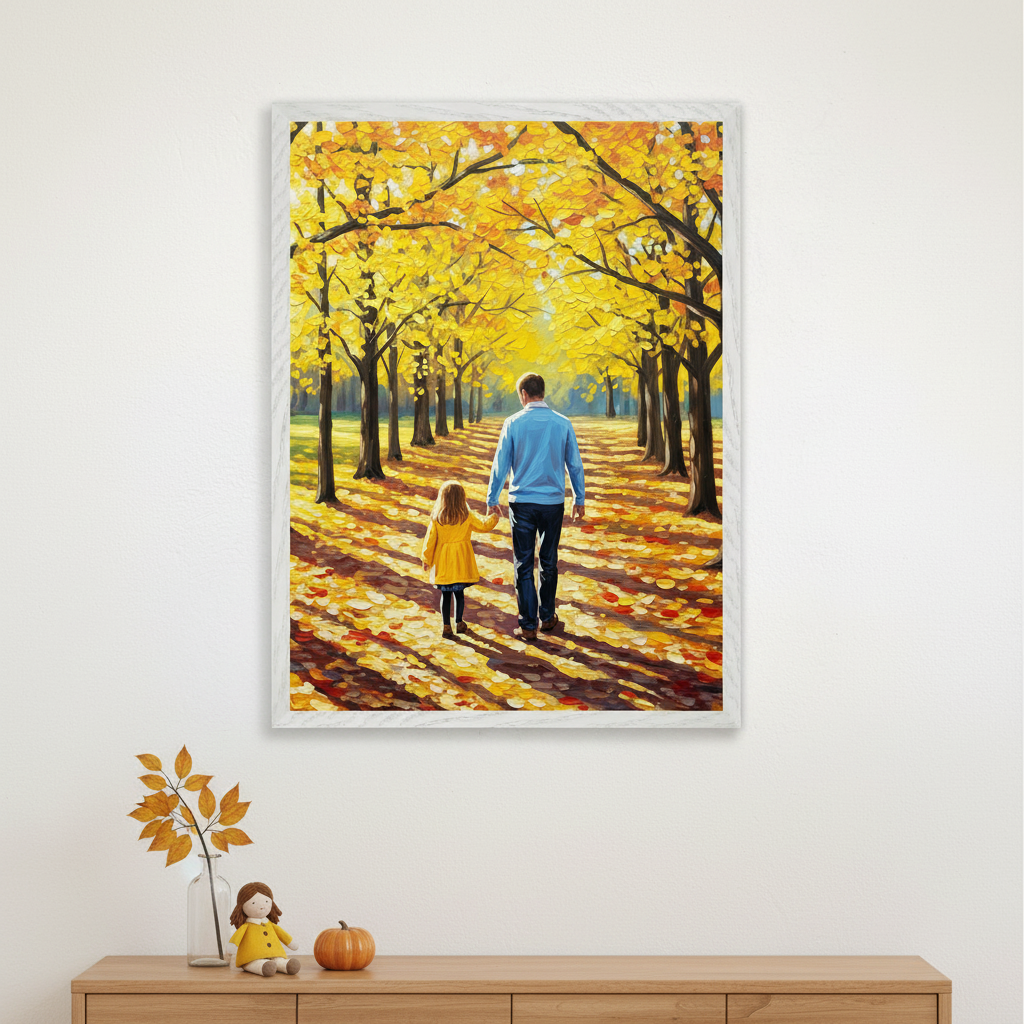 Framed artwork of a man in a blue sweater and a young girl in a yellow dress walking hand in hand down a tree-lined path covered in golden autumn leaves. The artwork hangs above a wooden cabinet decorated with a small pumpkin, doll, and autumn leaf branch in a vase.