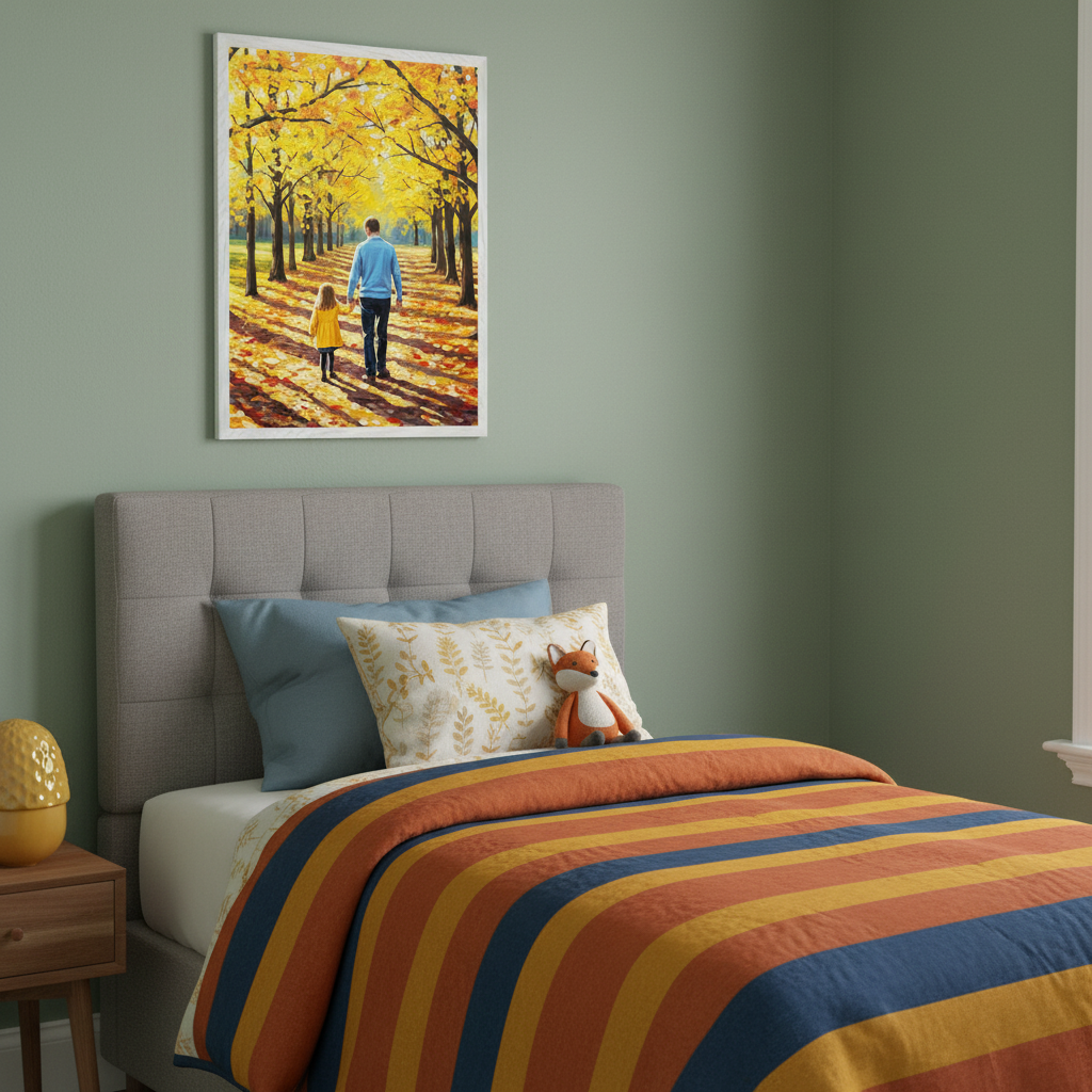 Bright autumn painting of a father and daughter walking through a leaf-covered park path, hung above a bed with striped orange, yellow, and blue bedding. The bedroom features a green wall, gray tufted headboard, and a plush fox toy on the pillows.