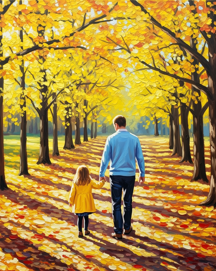 A man and a young girl walk hand in hand down a sunlit path lined with tall trees displaying vibrant yellow autumn leaves. The girl wears a bright yellow coat, and the man is in a light blue shirt, creating a warm and serene atmosphere.