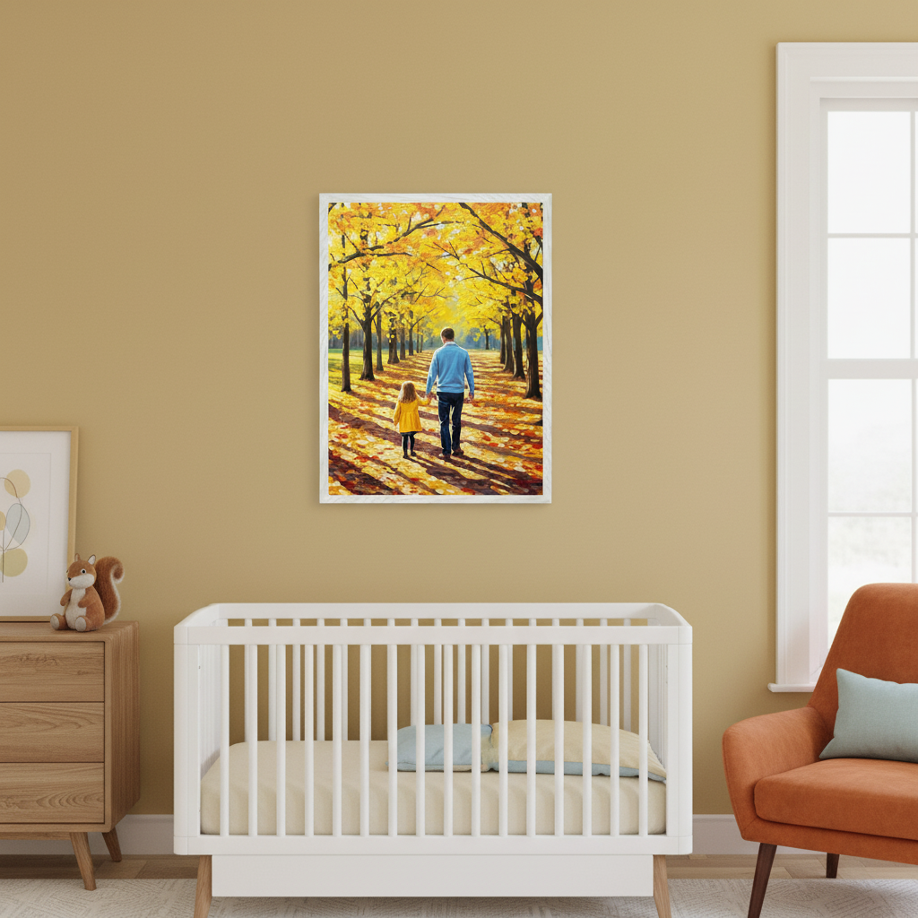 Modern nursery with a white crib, wooden dresser, and orange armchair. A framed painting of a man and child walking on an autumn path with yellow trees hangs on the tan wall, centered above the crib.