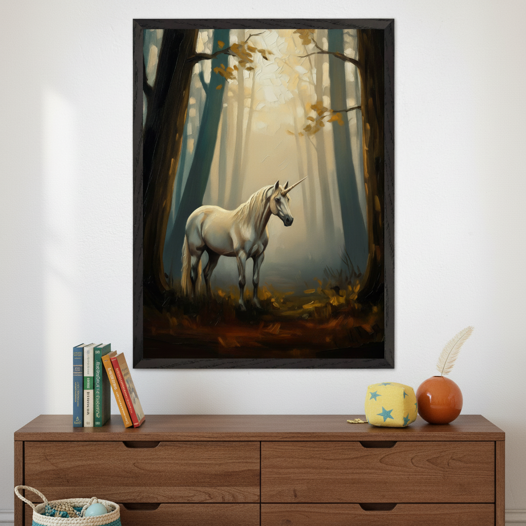 Above a wooden dresser, a large framed painterly artwork depicts a white unicorn standing in a sunlit forest. Books, an orange vase, and a yellow star cube are on the dresser.