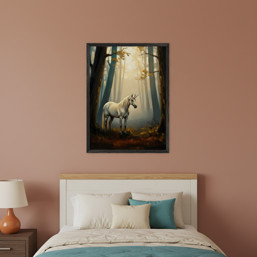 Modern bedroom featuring a white bed with a wooden-accented headboard. A dark-framed painting of a white unicorn in a misty, sunlit forest with autumn leaves hangs above the bed. A nightstand with a lamp is on the left.