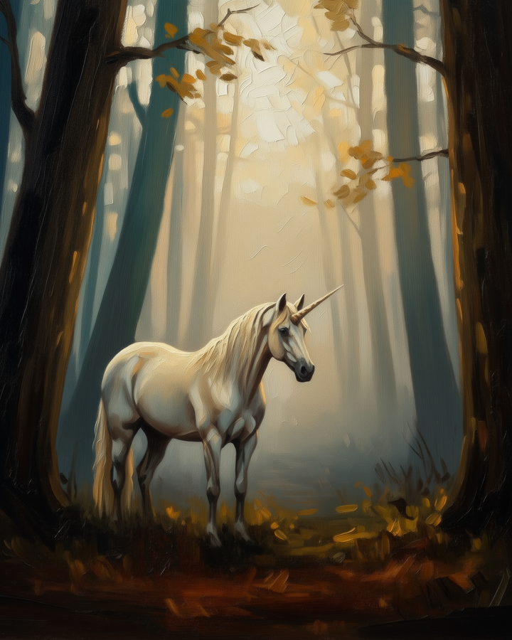 A majestic unicorn stands gracefully in a misty forest, surrounded by tall, dark trees. The soft light filters through the leaves, casting a serene glow on the unicorn's gleaming white coat.