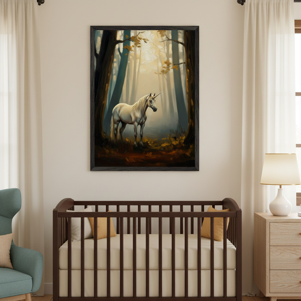 Cozy nursery with a dark wood crib. To the left, a light blue armchair; to the right, a light wood dresser with a white lamp. Centered above the crib is a framed oil painting depicting a white unicorn in a misty forest with autumn foliage.