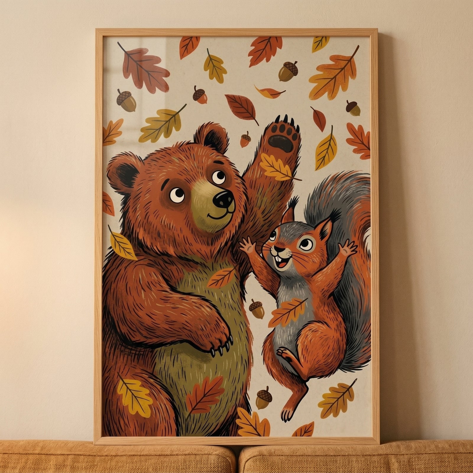 Brown bear and squirrel play among falling leaves and acorns in this autumnal harvest leaf bear animals wall art.