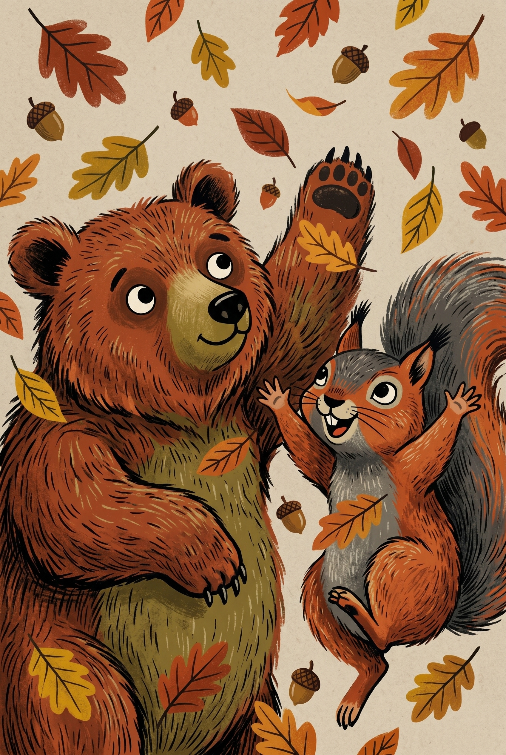 Autumnal Harvest Leaf Bear Animals Wall Art - Autumn Forest Friends