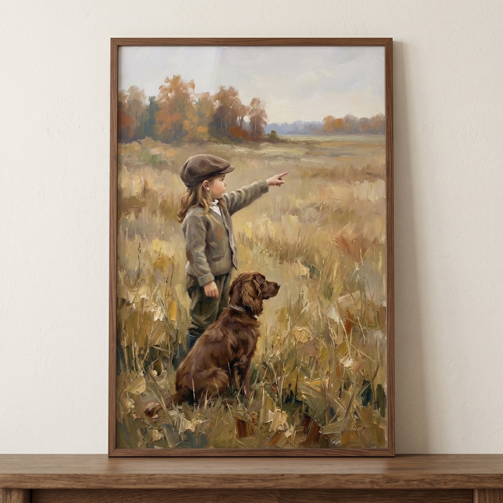 Child in a flat cap points across an autumn field beside a dog, autumnal pointing brown dog wall art.