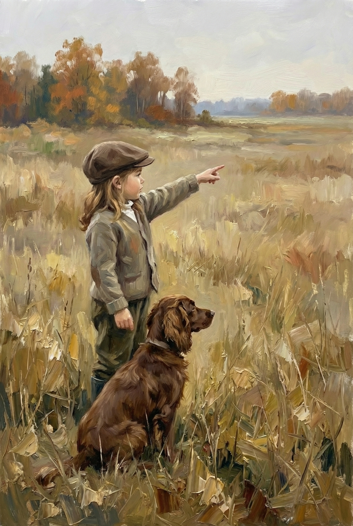 A child wearing a cap stands in a wide open field pointing into the distance while a brown dog sits attentively at their side among tall dry grasses.
